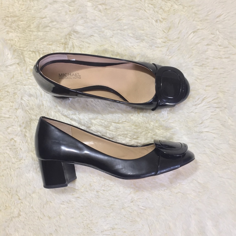 Michael Kors black buckle block heel pumps